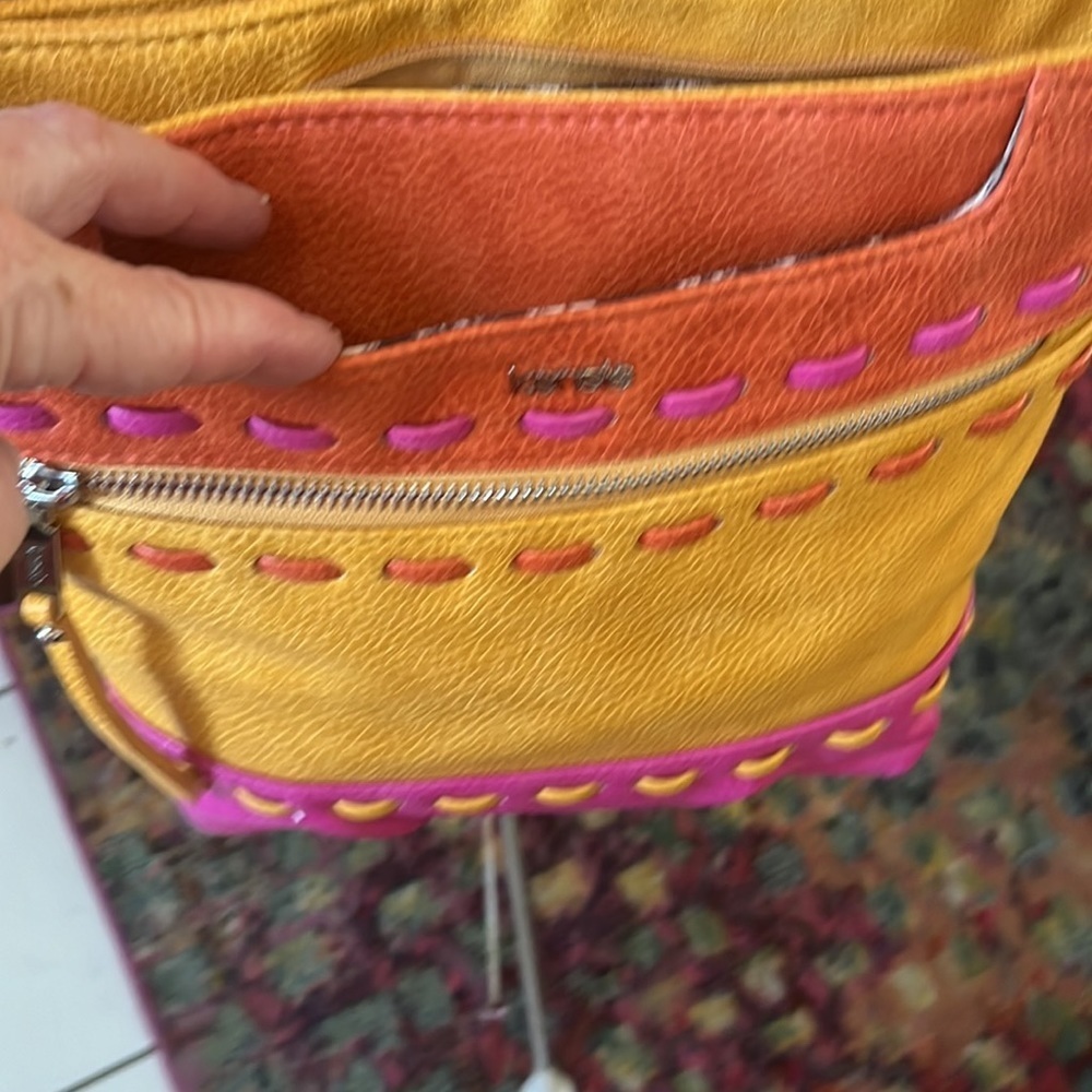 Kenzie  Crossbody or shoulder Bag  Bright pink, orange, goldenrod  10hx 12w x 3d - Picture 3 of 16